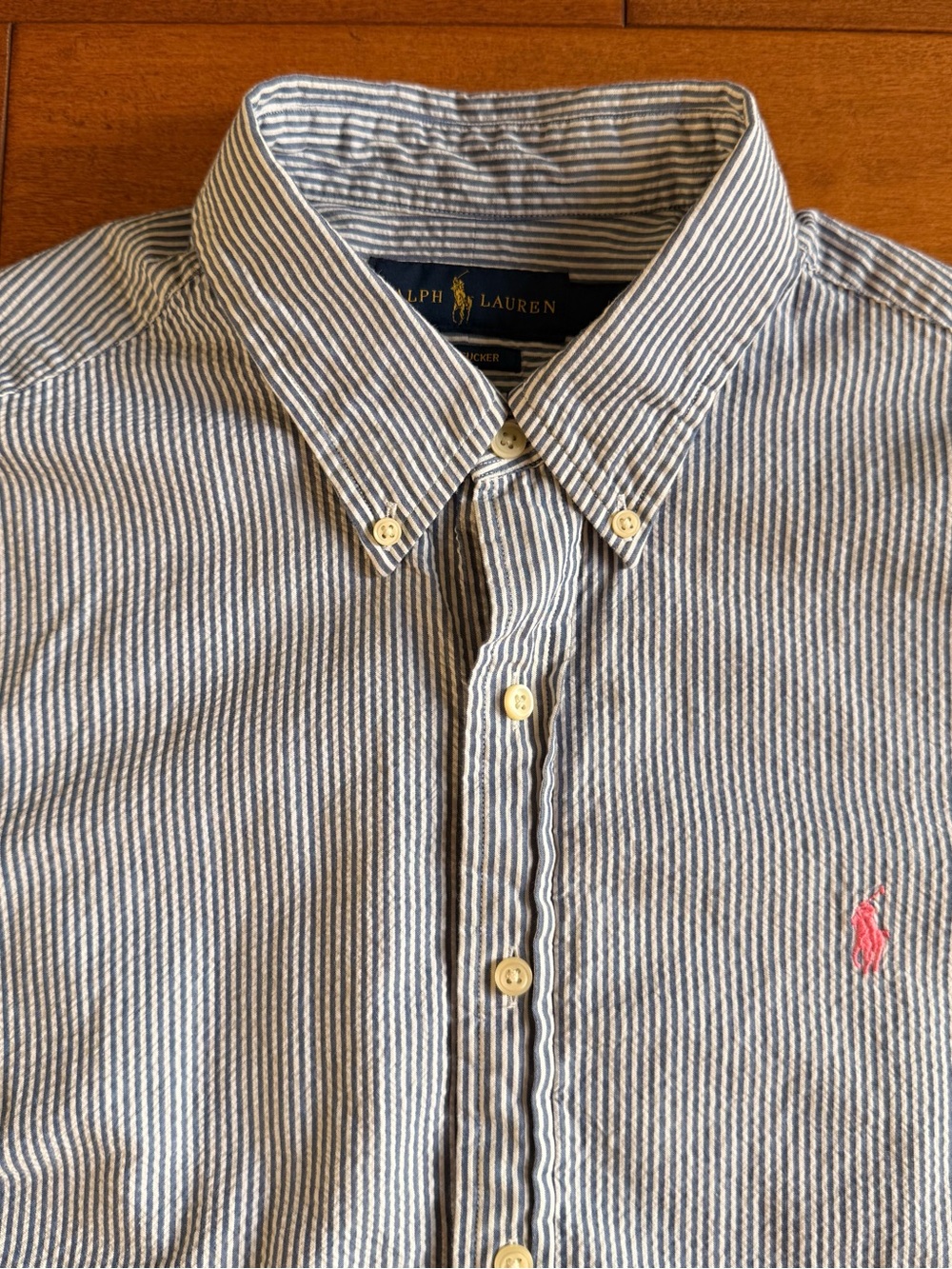 Ralph Lauren Seersucker Blue White Stripe SS Button-Down Pink Horse Shirt - L - Picture 3 of 11